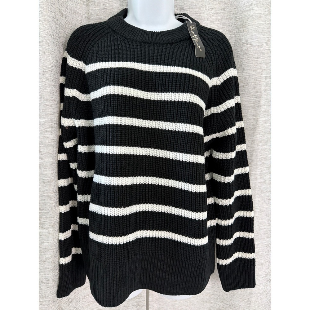 Velvet Heart Striped Shaker Knit Sweater Black White Split Back KFW-23041 S